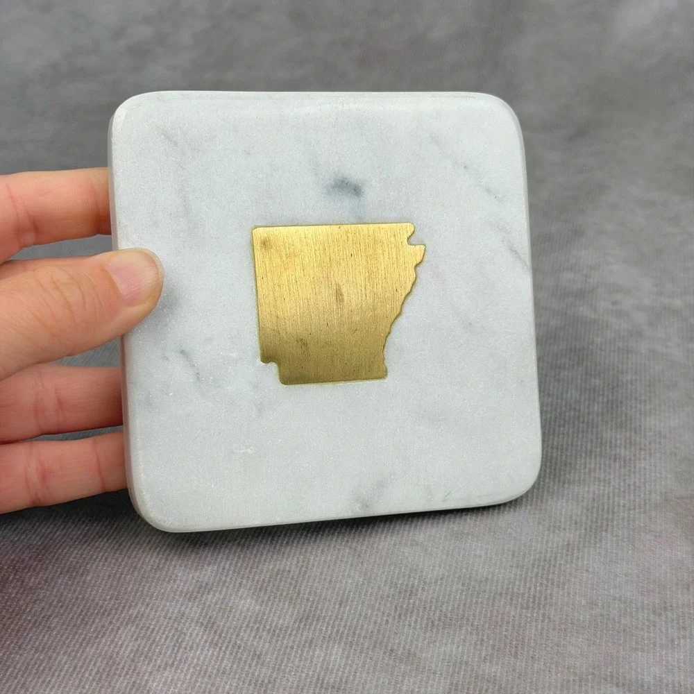 The Royal Standard White Marble Arkansas Brass Inlay Coasters Set of 4